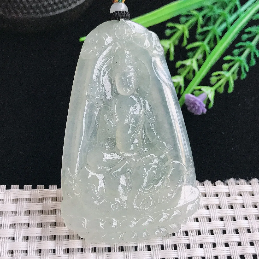实拍A货翡翠67.5/43.6/5.5老坑冰胶水灵冰晴普贤菩萨吊坠翡翠挂件