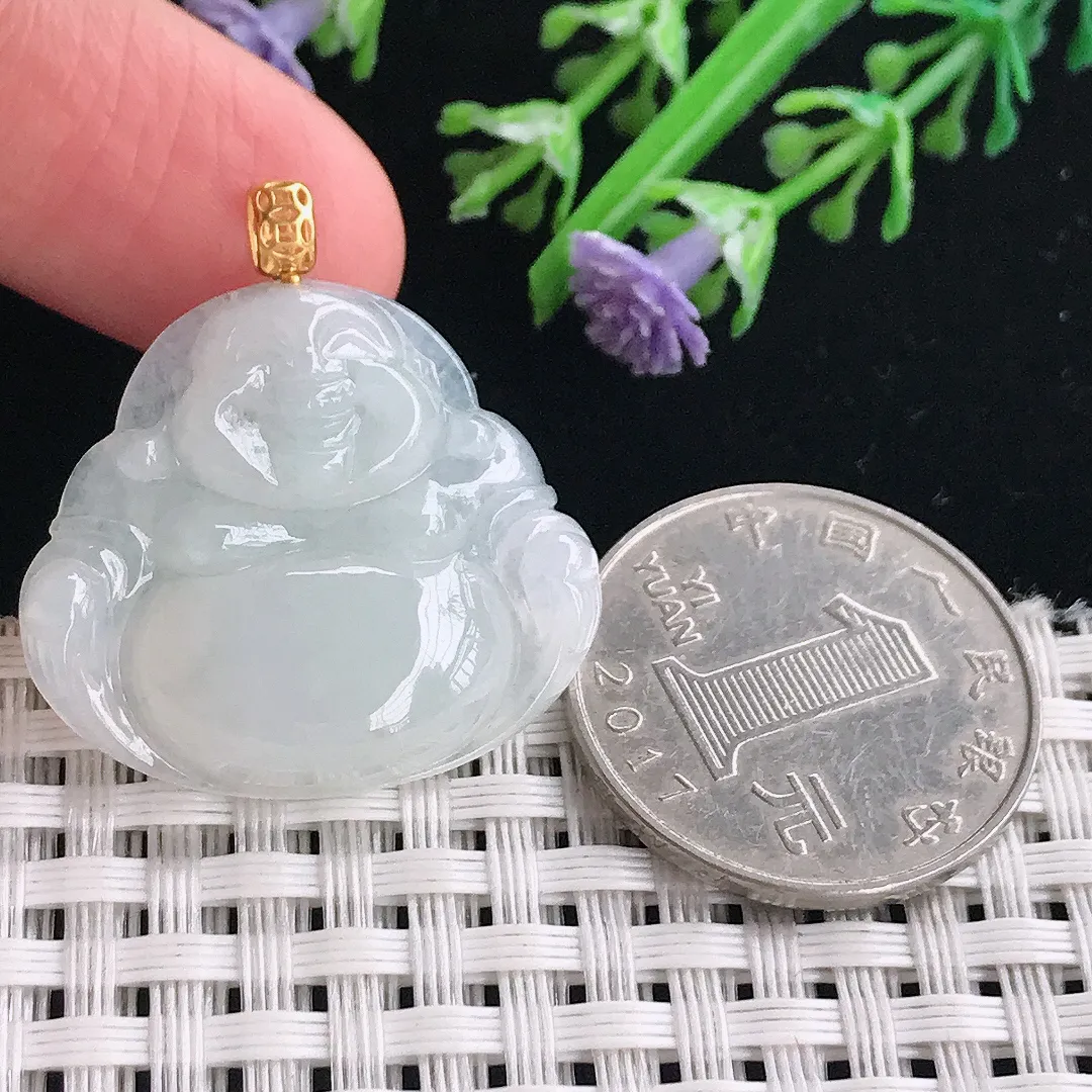 实拍A货翡翠26/29/5.5老坑18k金镶嵌冰润佛公吊坠翡翠玉佛挂件