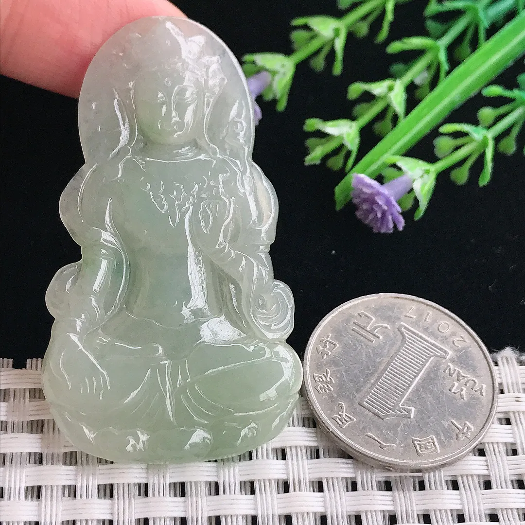 实拍A货翡翠55/31.2/4.5老坑冰晴绿渡母菩萨吊坠翡翠挂件