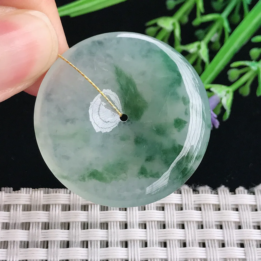 实拍A货翡翠34.8/5.6老坑冰胶果冻冰飘花平安扣吊坠翡翠玉扣挂件