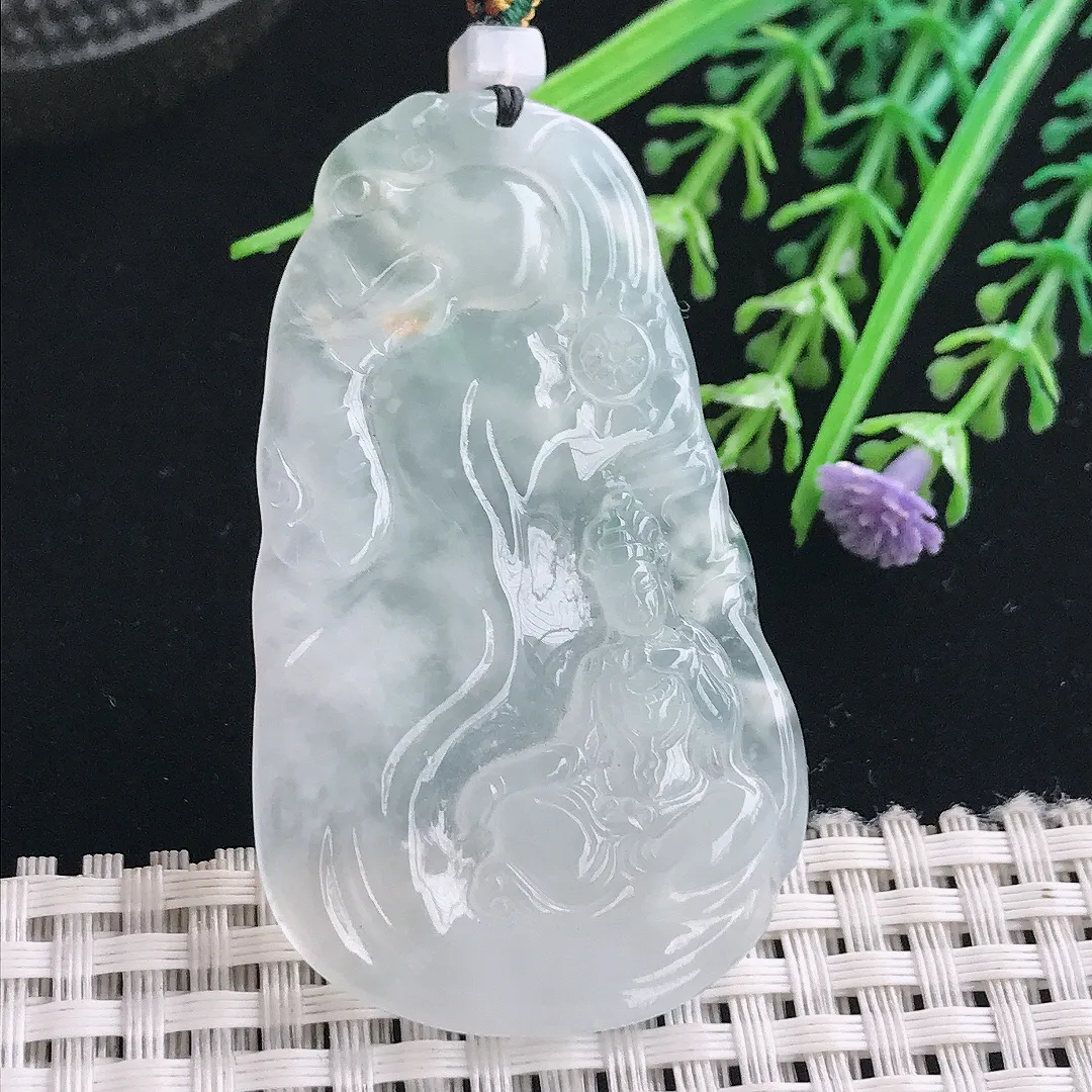 实拍A货翡翠58/34.5/5.7老坑冰种起胶白冰普贤菩萨吊坠翡翠挂件