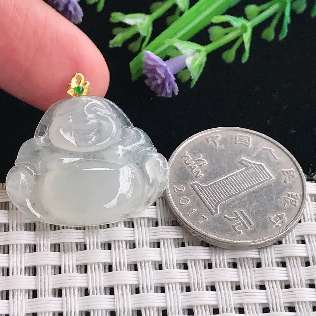 实拍A货翡翠22.5/27.7/5.3老坑18k金镶嵌冰透佛公吊坠翡翠玉佛挂件