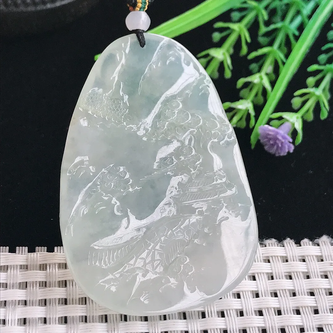 实拍A货翡翠59/41.8/6.6老坑冰透起胶精美山水牌吊坠翡翠挂件