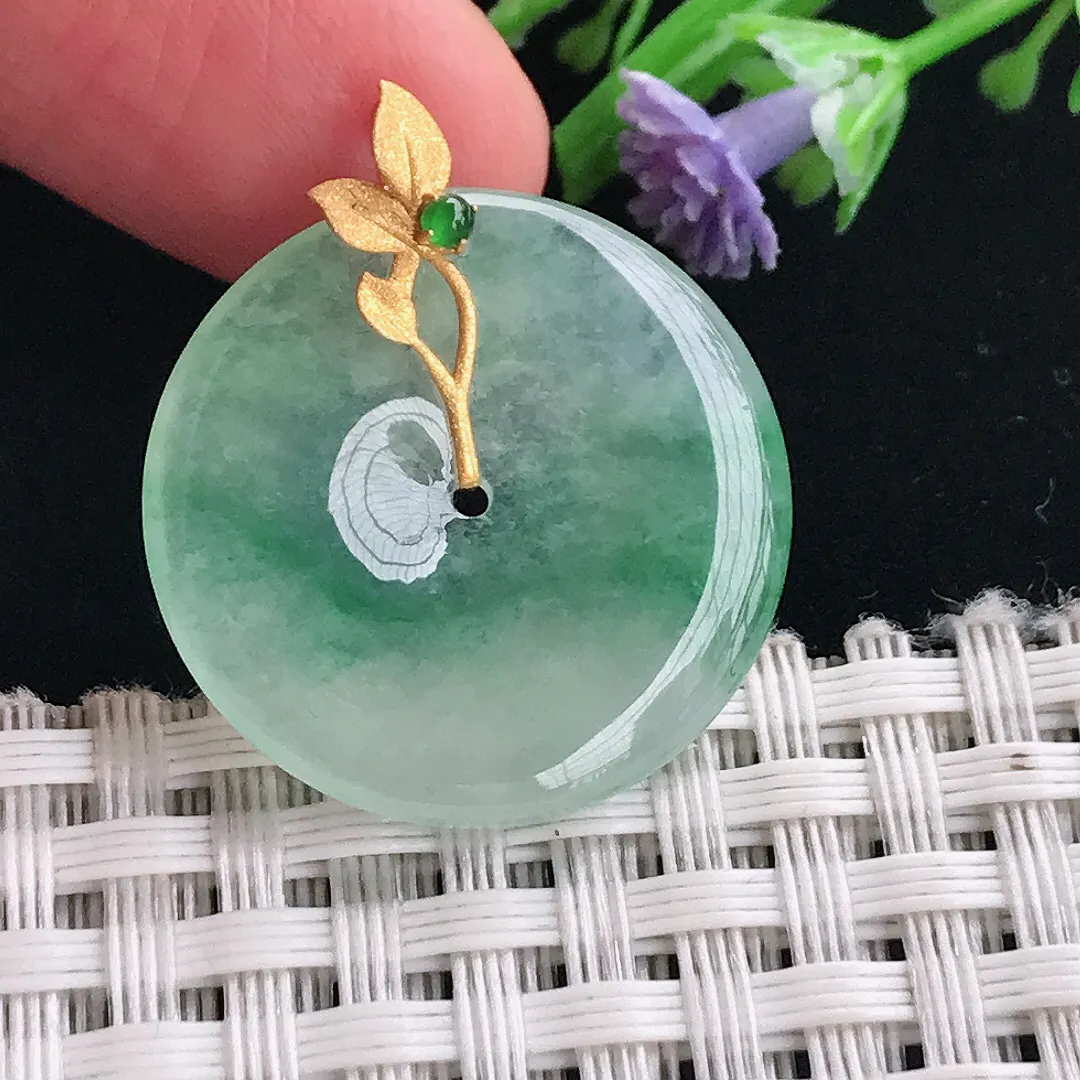 实拍A货翡翠24.4/3.8老坑18k金镶嵌冰晴平安扣吊坠正装翡翠玉扣挂件