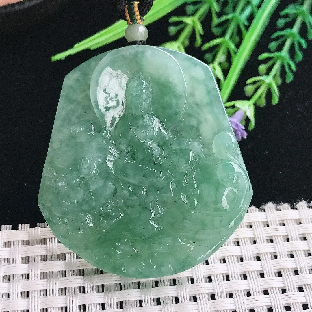 实拍A货翡翠51.6/48.8/6.6老坑冰胶冰晴满绿文殊菩萨吊坠翡翠挂件