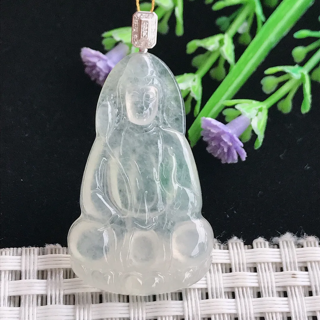实拍A货翡翠37.2/22.8/4老坑18k金镶嵌冰种观音吊坠翡翠玉观音挂件