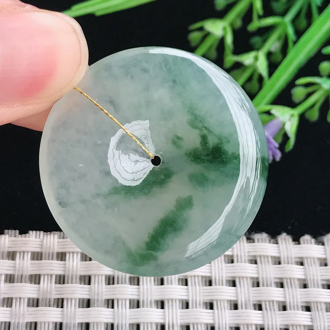 实拍A货翡翠34.8/5.6老坑冰胶果冻冰飘花平安扣吊坠翡翠玉扣挂件