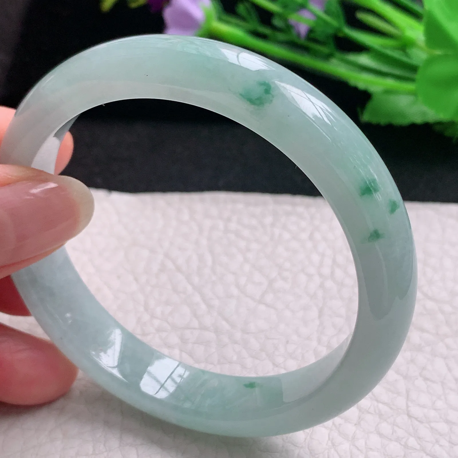 nr实拍57*12*7.6平安镯 天然缅甸翡翠A货玉手镯冰飘花秀气宽边玉手环