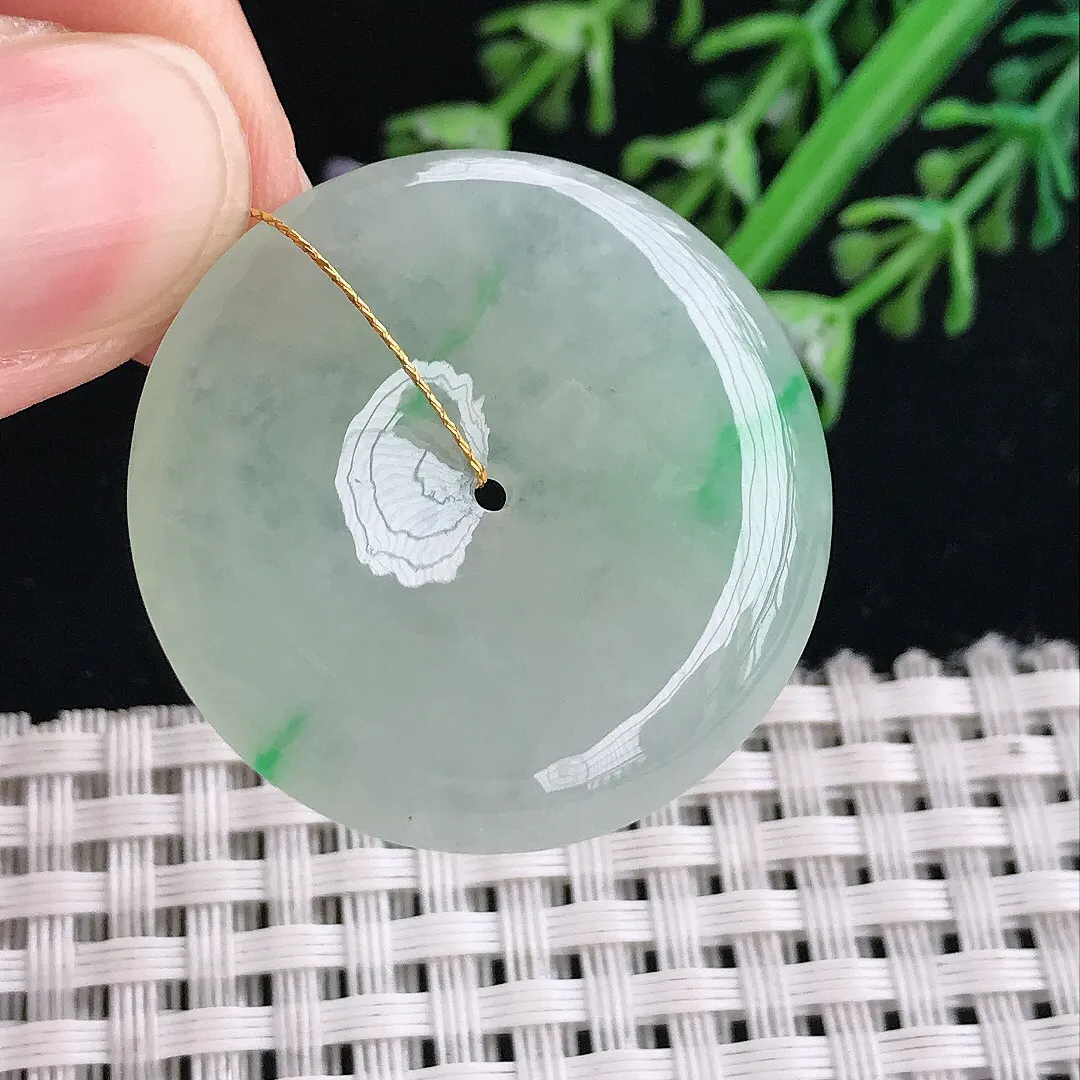 实拍A货翡翠31.8/6老坑冰胶果冻飘绿平安扣吊坠翡翠挂件