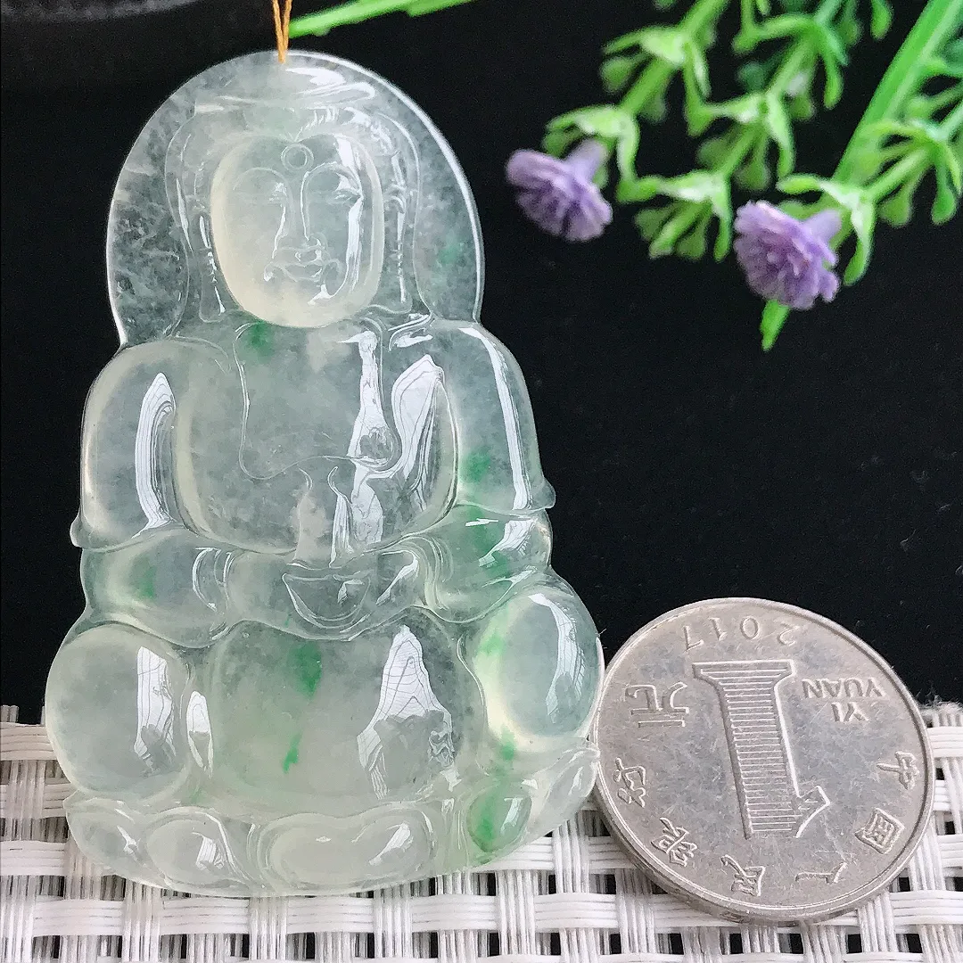 实拍A货翡翠58.3/38/5.3老坑冰种冰晴飘绿观音菩萨吊坠正装观音挂件