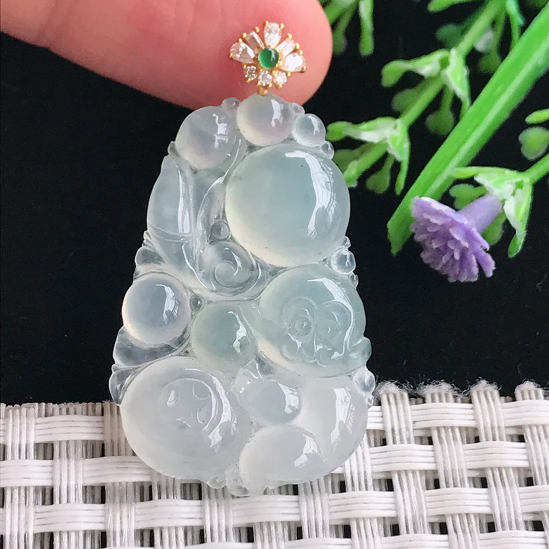 实拍A货翡翠34.5/23/5老坑18k金镶嵌冰种灵猴献寿吊坠翡翠猴子挂件