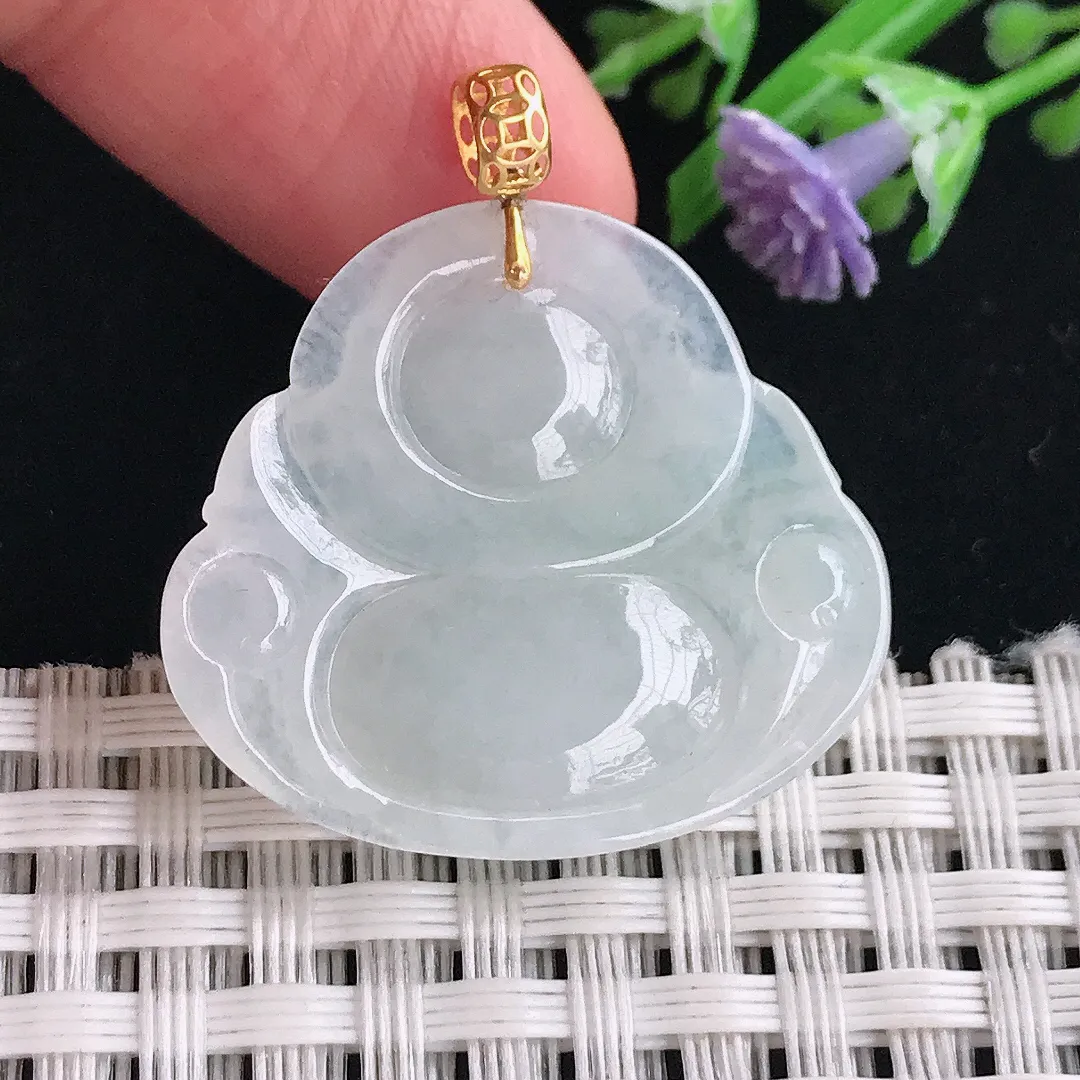 实拍A货翡翠26/29/5.5老坑18k金镶嵌冰润佛公吊坠翡翠玉佛挂件