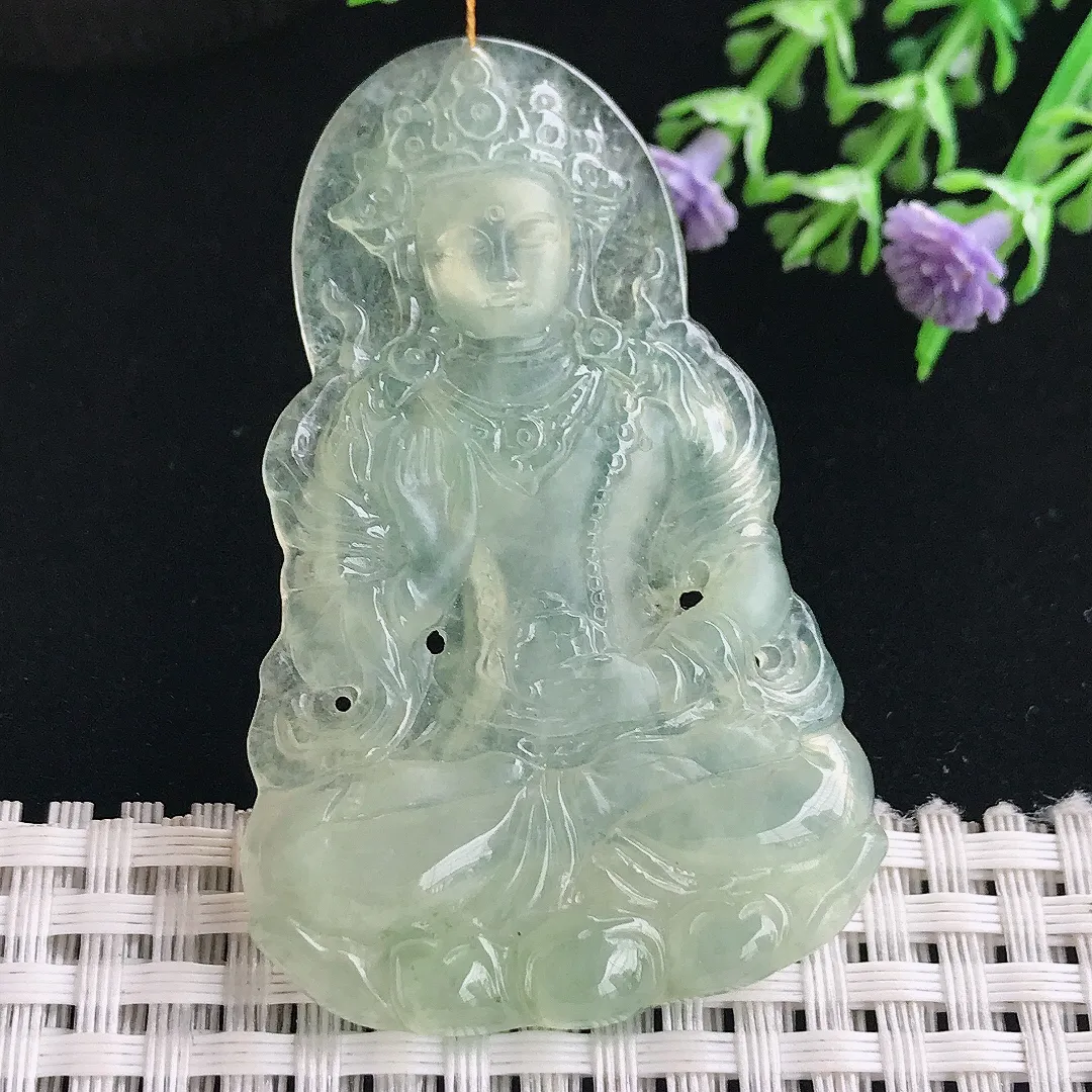 实拍A货翡翠58/36.8/5老坑冰胶果冻冰晴绿渡母菩萨吊坠翡翠挂件