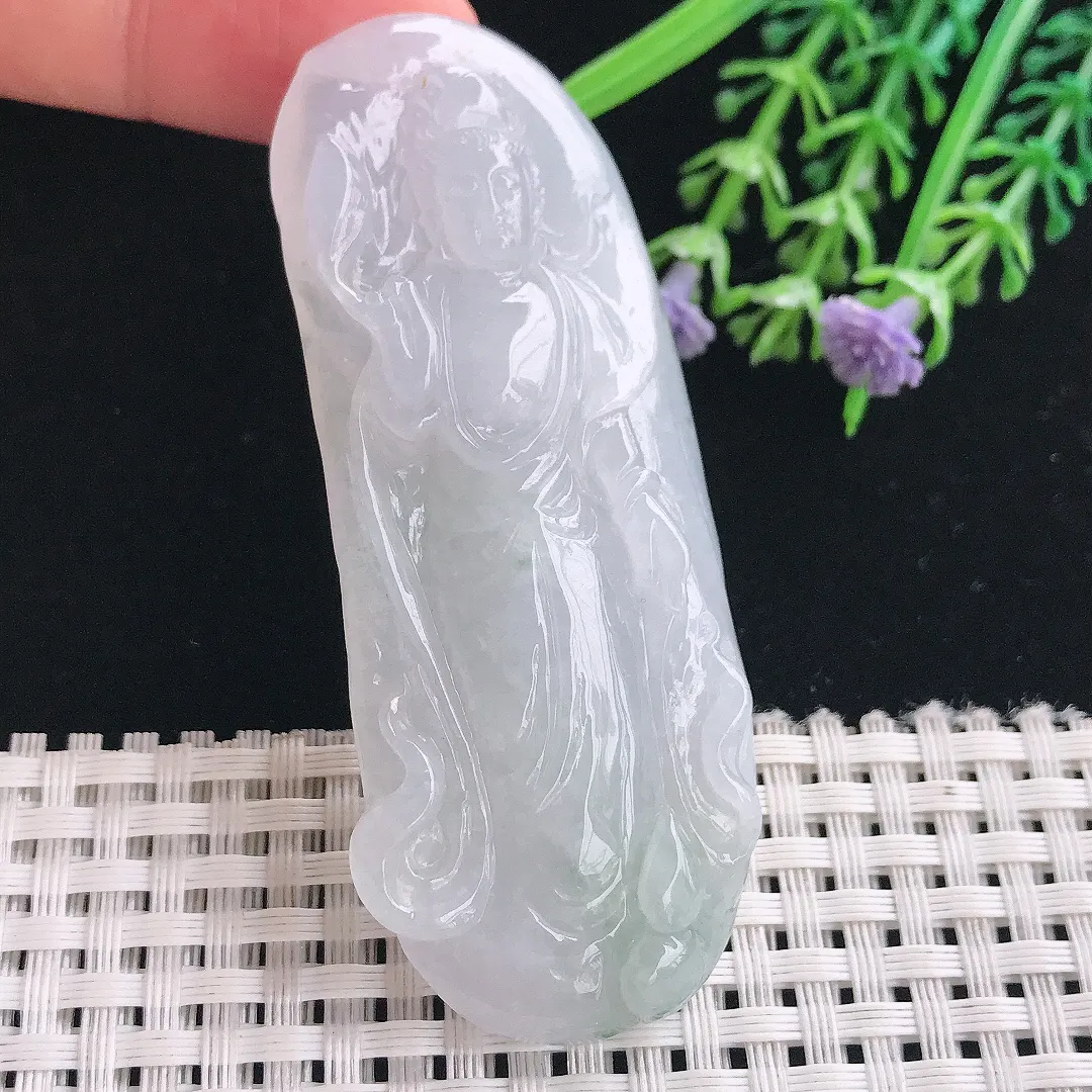 实拍A货翡翠73.5/27.5/10.8老坑冰润赐福观音吊坠翡翠站观音挂件