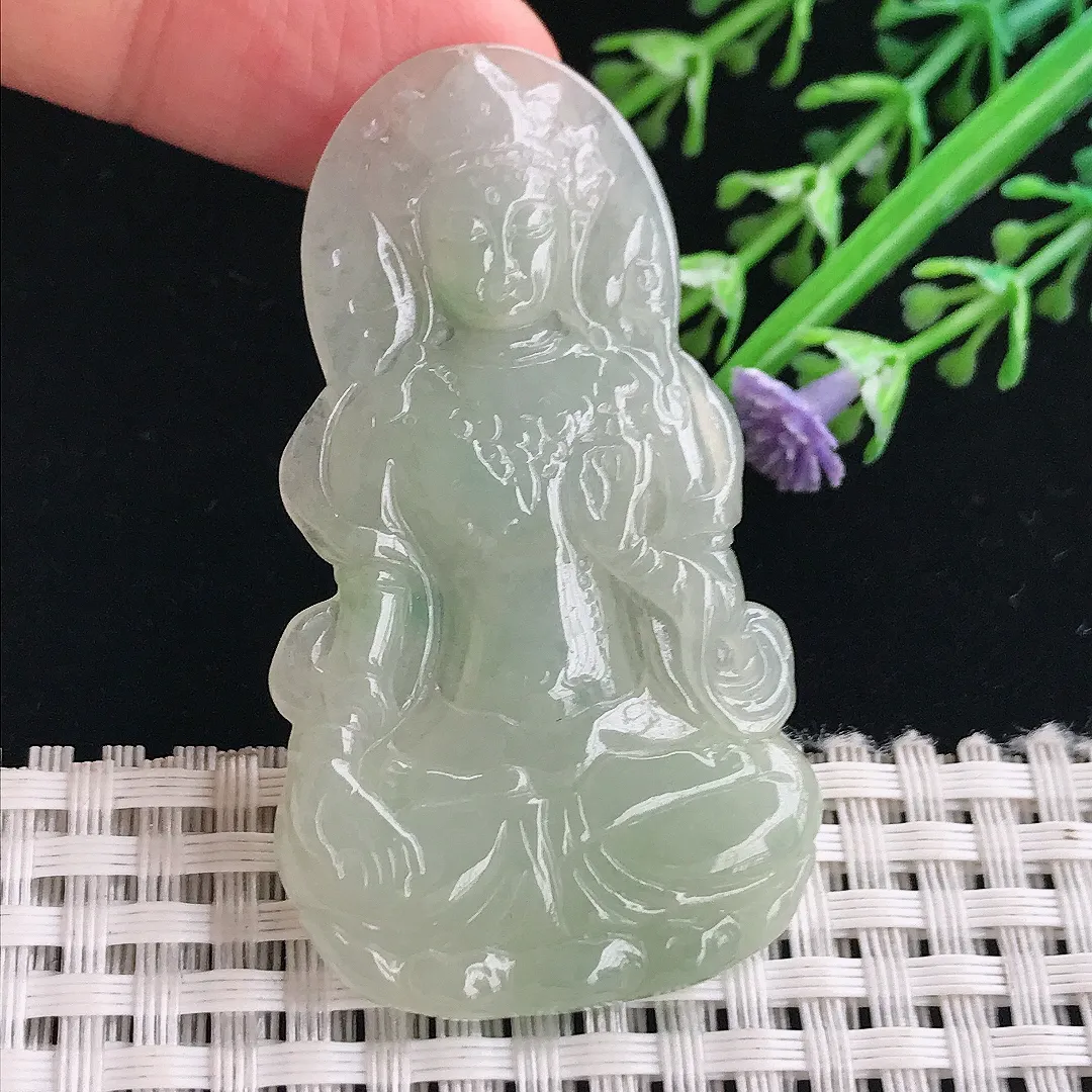 实拍A货翡翠55/31.2/4.5老坑冰晴绿渡母菩萨吊坠翡翠挂件