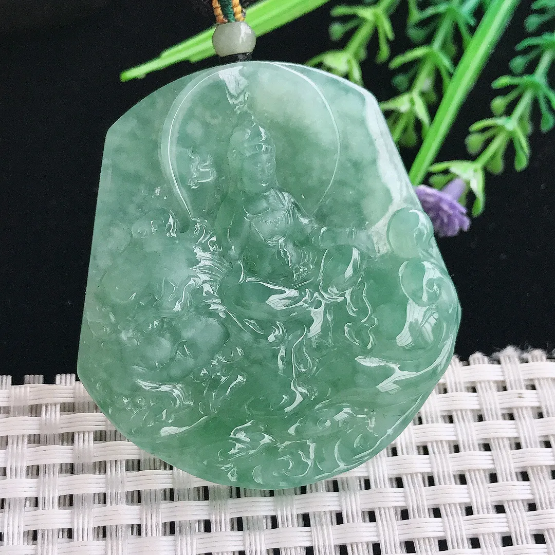 实拍A货翡翠51.6/48.8/6.6老坑冰胶冰晴满绿文殊菩萨吊坠翡翠挂件