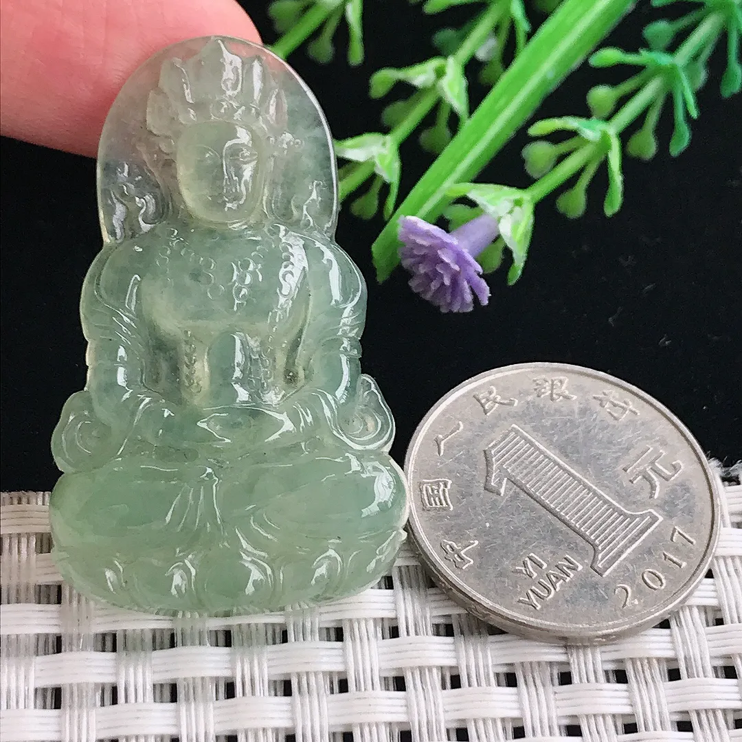实拍A货翡翠43.5/26.5/5.2老坑冰胶满绿渡母菩萨吊坠翡翠挂件