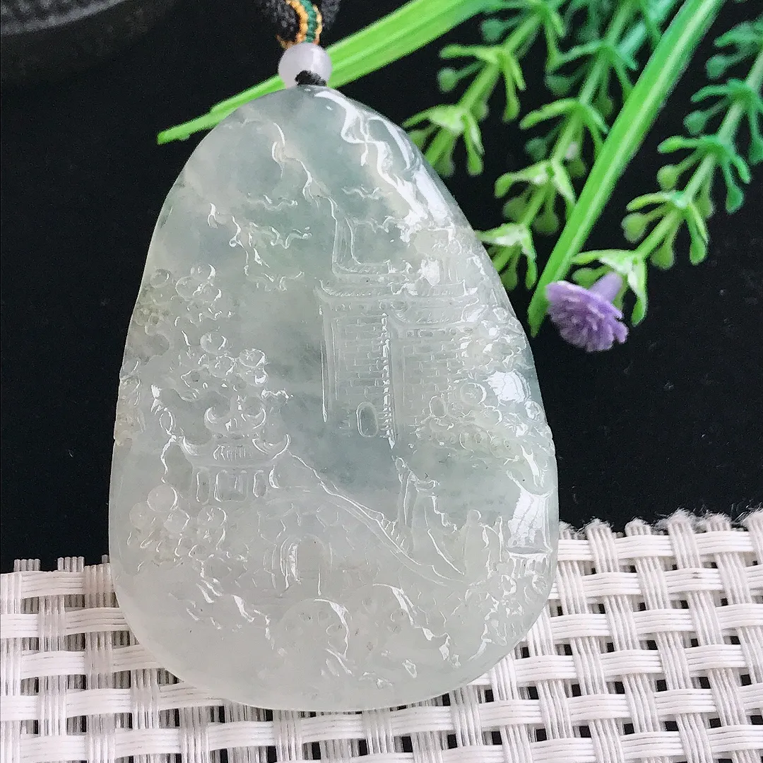 实拍A货翡翠59/41.8/6.6老坑冰透起胶精美山水牌吊坠翡翠挂件