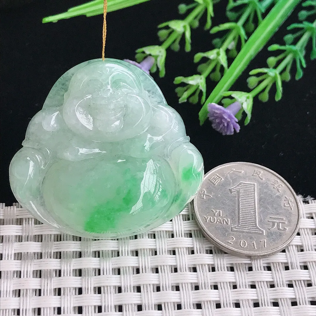 实拍A货翡翠39.9/42.8/9.8老坑冰润飘阳绿大佛公吊坠翡翠挂件