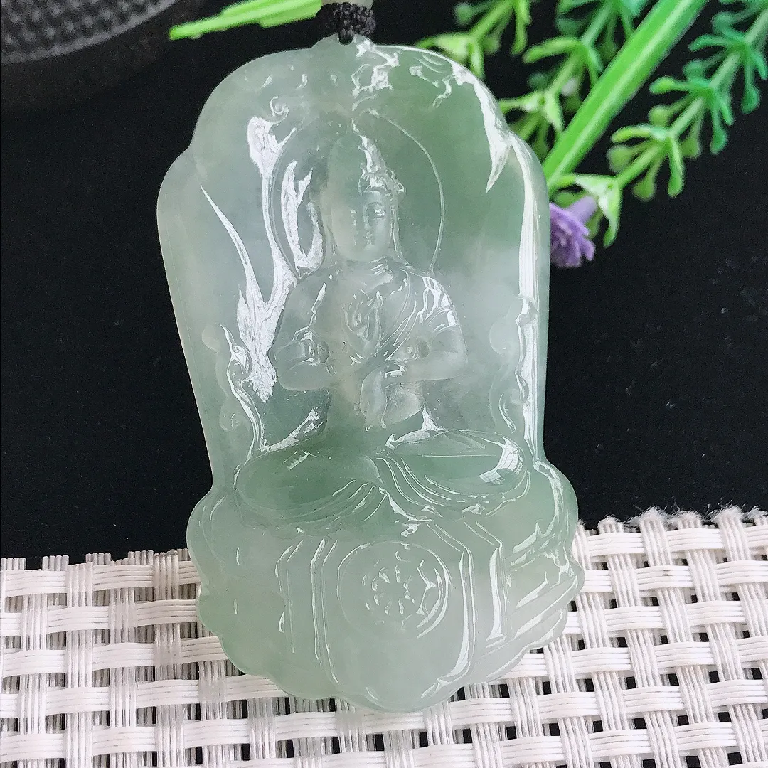 实拍A货翡翠64.5/38.5/5.3老坑冰胶果冻冰晴赐福观音吊坠翡翠挂件