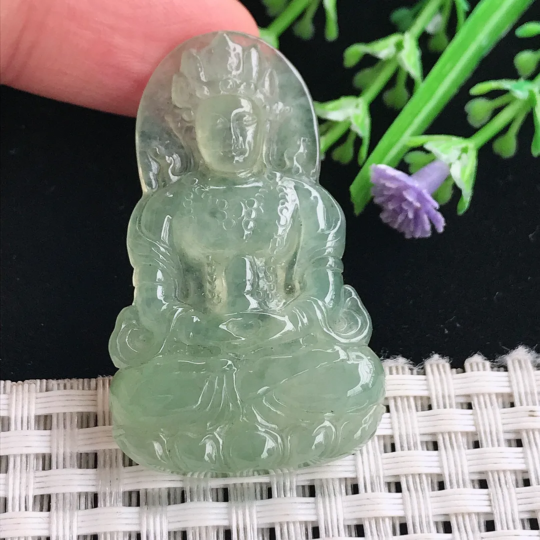 实拍A货翡翠43.5/26.5/5.2老坑冰胶满绿渡母菩萨吊坠翡翠挂件