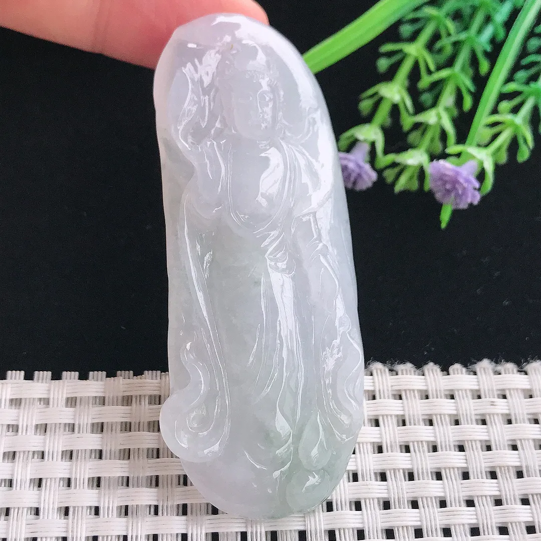 实拍A货翡翠73.5/27.5/10.8老坑冰润赐福观音吊坠翡翠站观音挂件