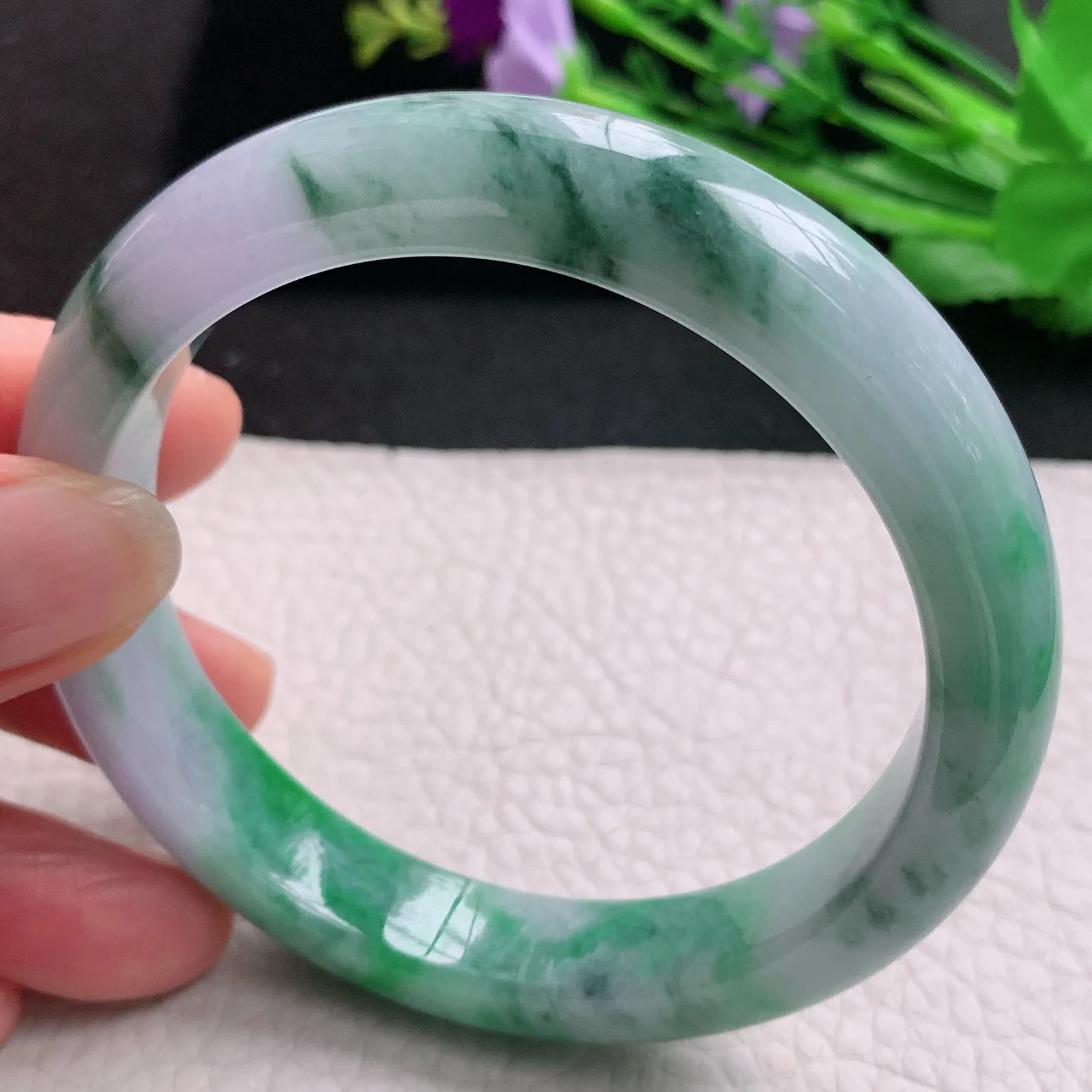 hh大圈口60*12.2*8.5平安镯 天然缅甸翡翠A货玉手镯春带彩宽边玉手环