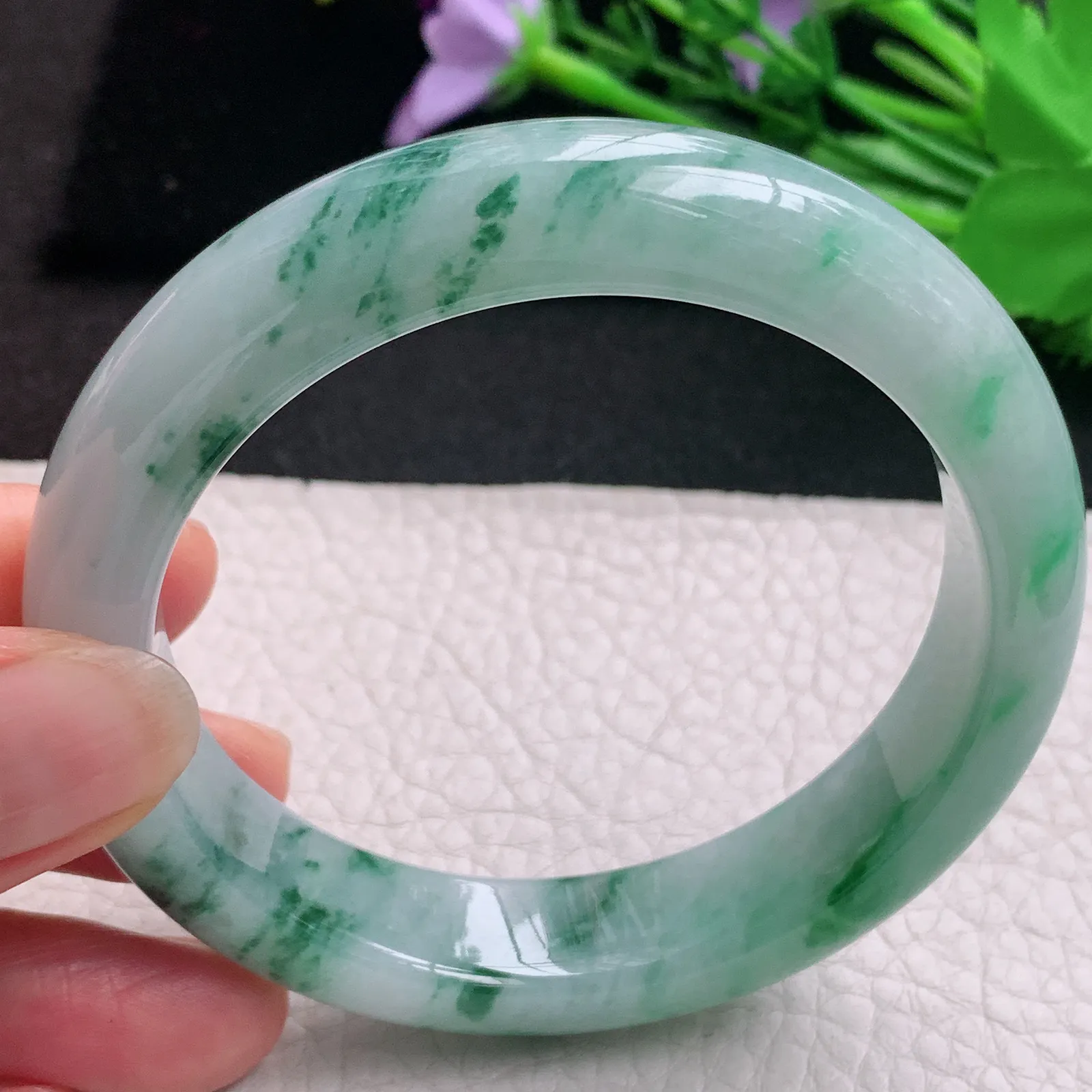 hh实拍57.5*13.8*8.8平安镯 天然缅甸翡翠A货玉手镯冰飘花宽边玉手环