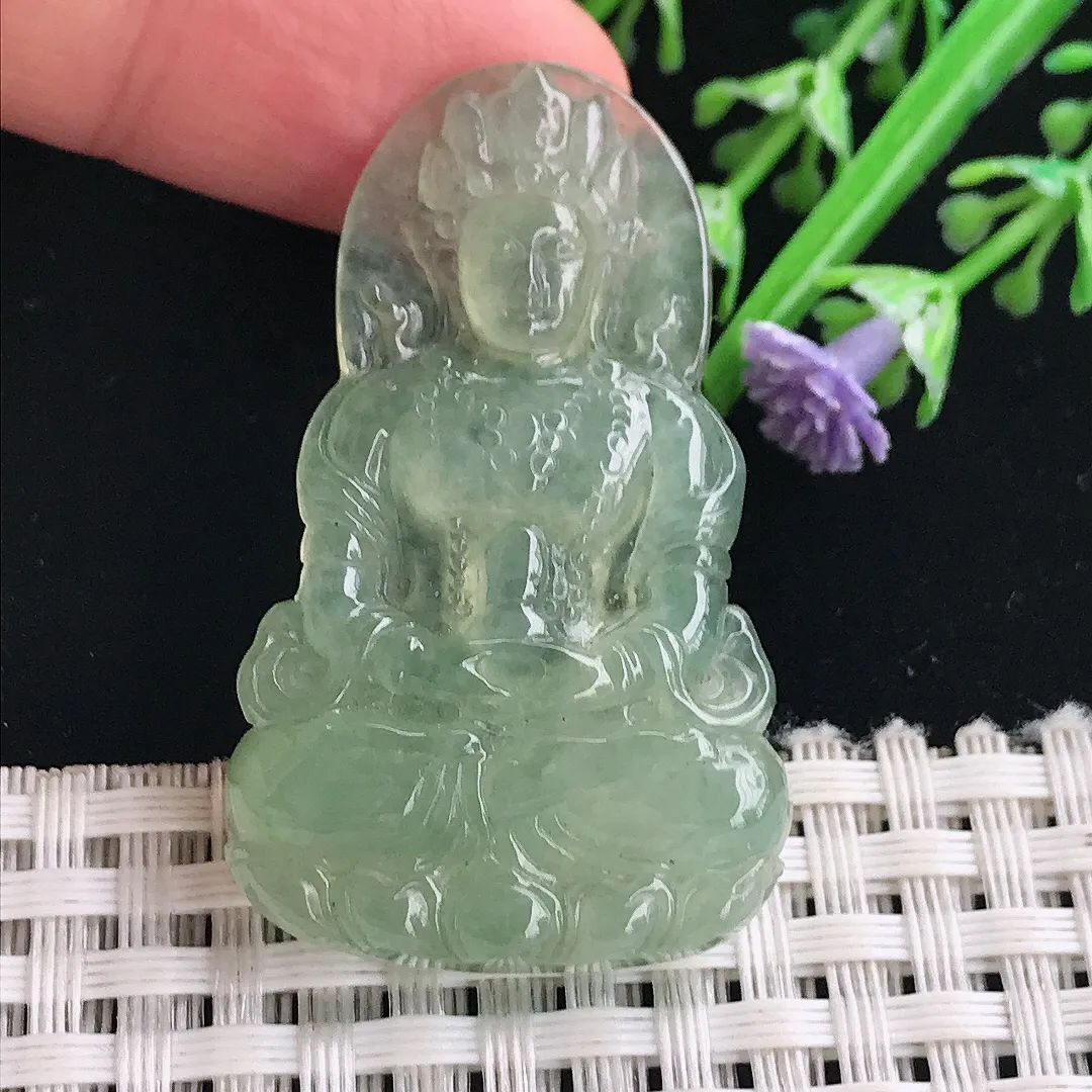 实拍A货翡翠43.5/26.5/5.2老坑冰胶满绿渡母菩萨吊坠翡翠挂件
