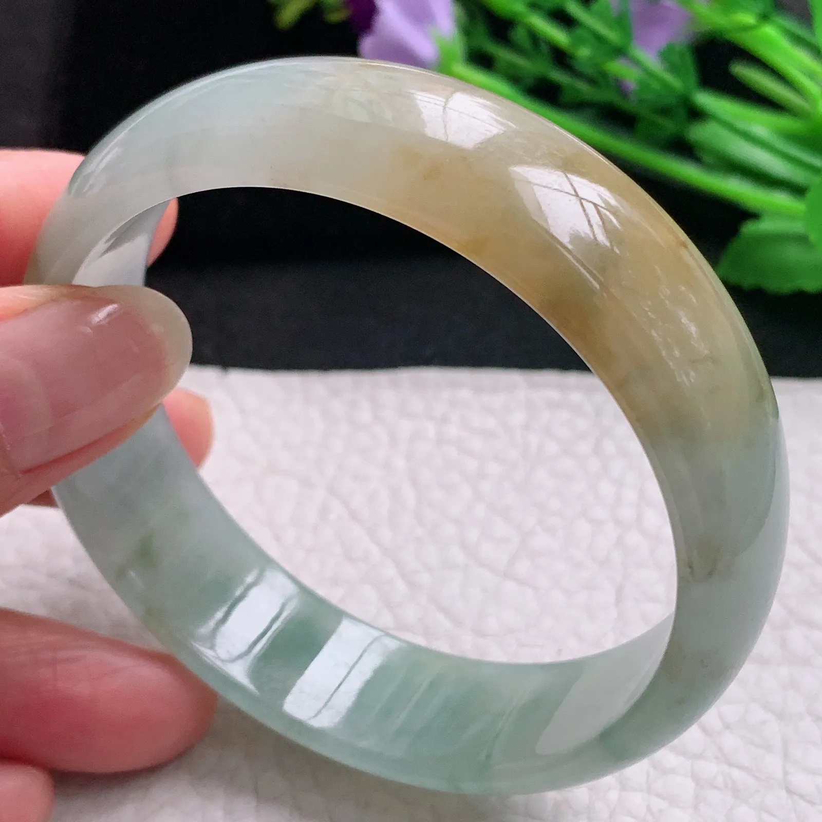 mq实拍59*16.2*6.5平安镯 天然缅甸翡翠A货玉手镯冰润三彩宽边玉手环