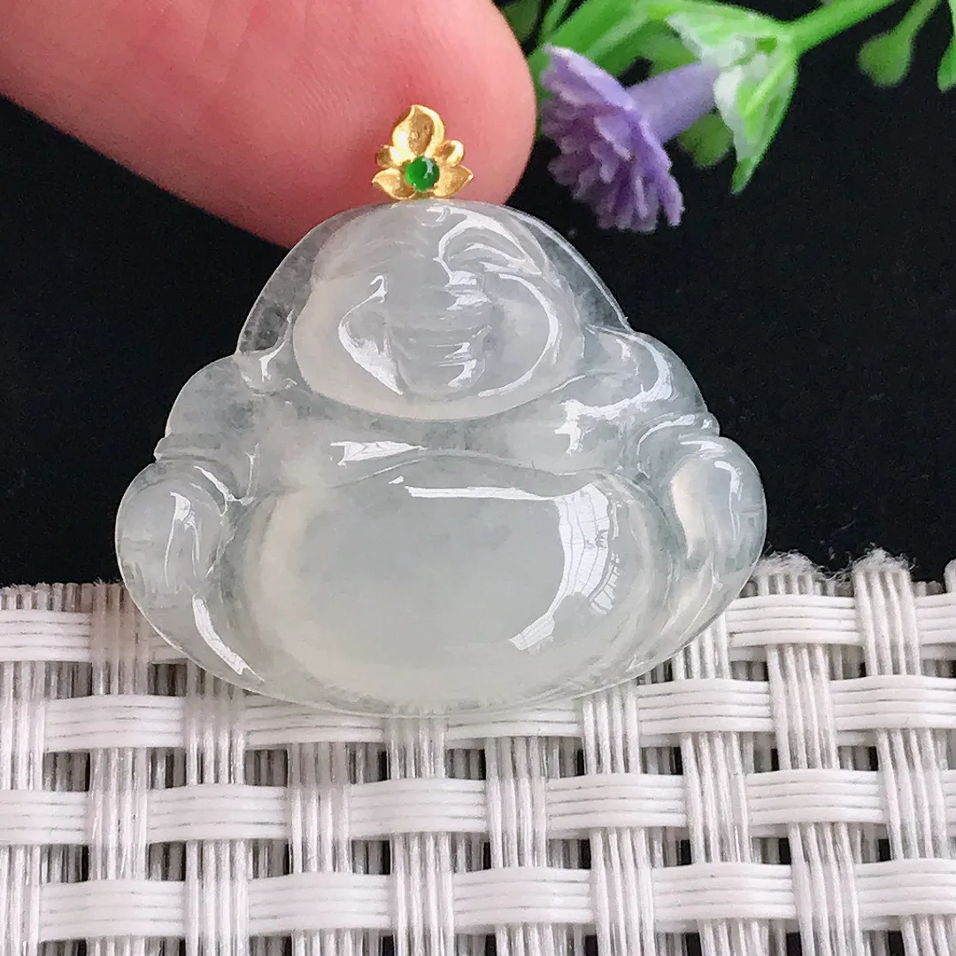 实拍A货翡翠22.5/27.7/5.3老坑18k金镶嵌冰透佛公吊坠翡翠玉佛挂件