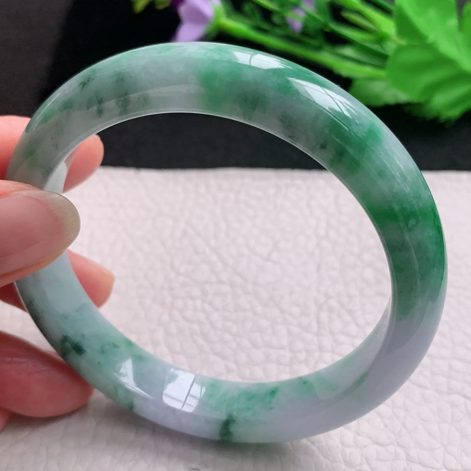 hh大圈口60*12.2*8.5平安镯 天然缅甸翡翠A货玉手镯春带彩宽边玉手环