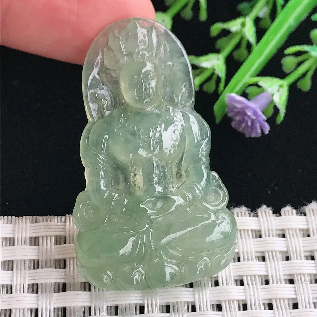 实拍A货翡翠43.5/26.5/5.2老坑冰胶满绿渡母菩萨吊坠翡翠挂件