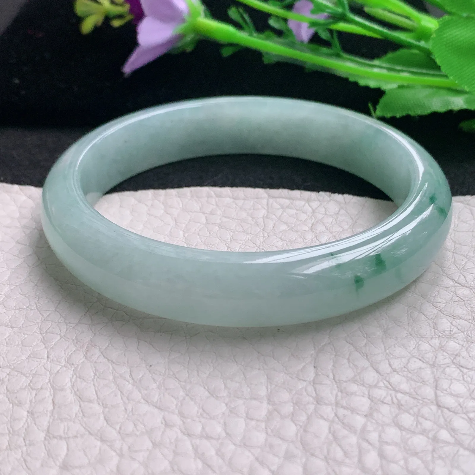 nr实拍57*12*7.6平安镯 天然缅甸翡翠A货玉手镯冰飘花秀气宽边玉手环