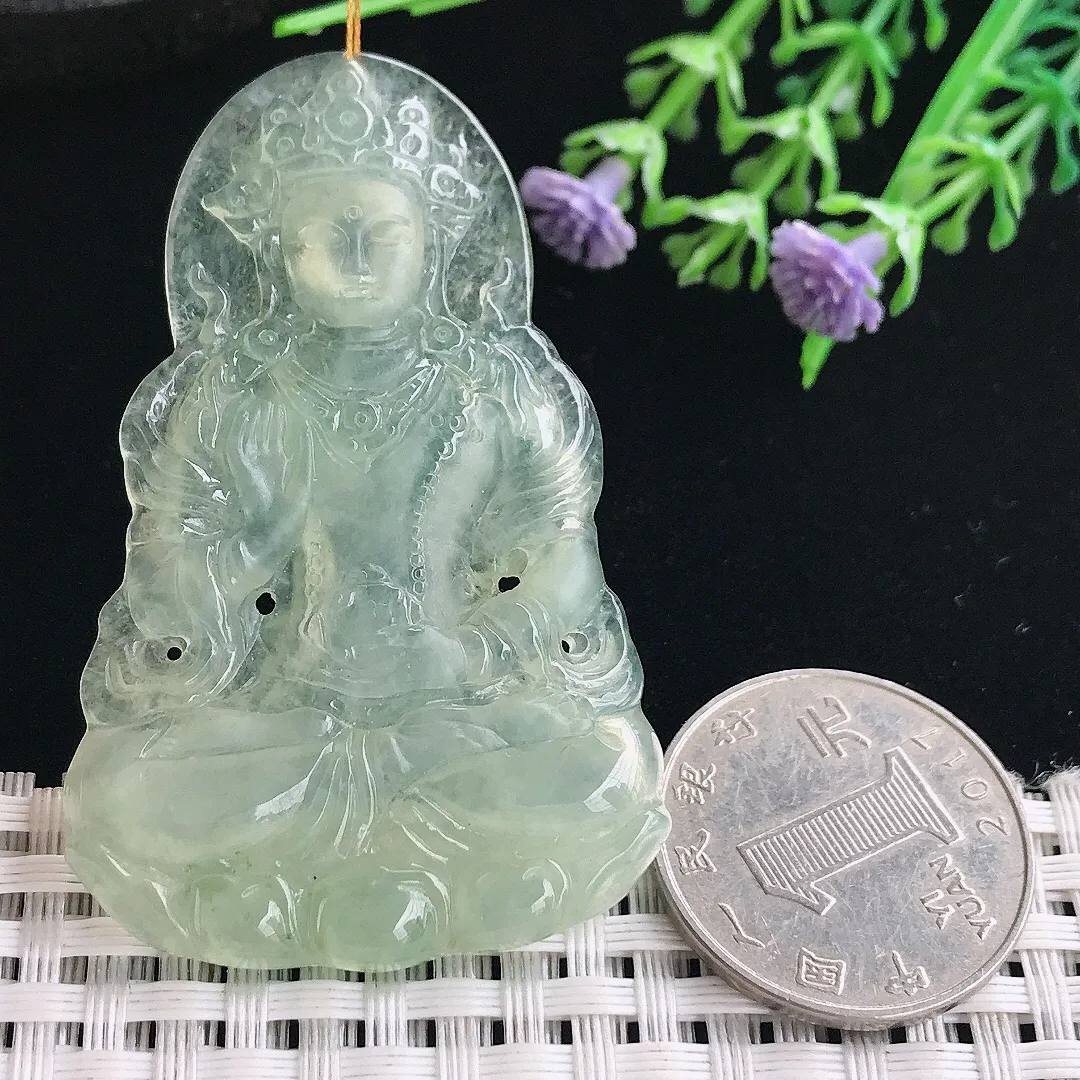 实拍A货翡翠58/36.8/5老坑冰胶果冻冰晴绿渡母菩萨吊坠翡翠挂件