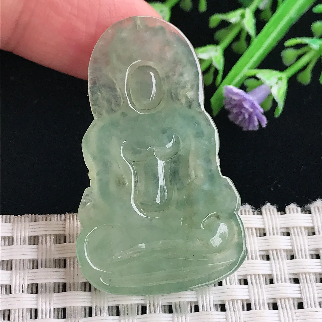实拍A货翡翠43.5/26.5/5.2老坑冰胶满绿渡母菩萨吊坠翡翠挂件