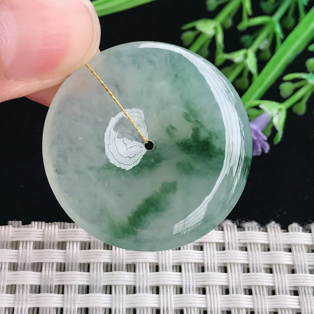 实拍A货翡翠34.8/5.6老坑冰胶果冻冰飘花平安扣吊坠翡翠玉扣挂件