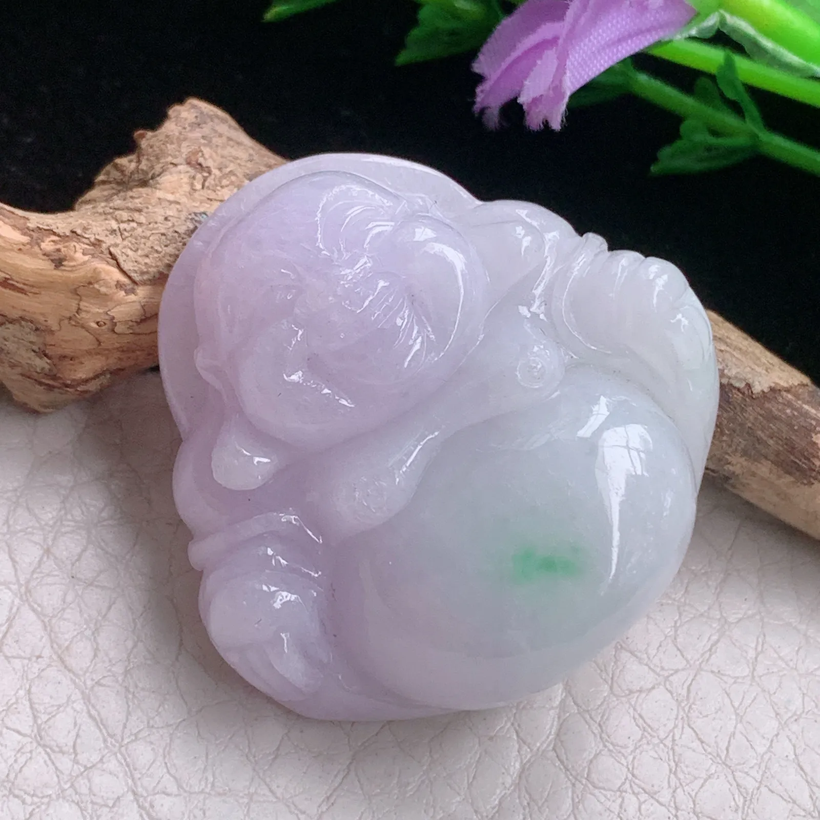 zen自然光37.5*38.7*12.3天然缅甸翡翠A货春带彩饱满佛公 开心佛玉吊坠