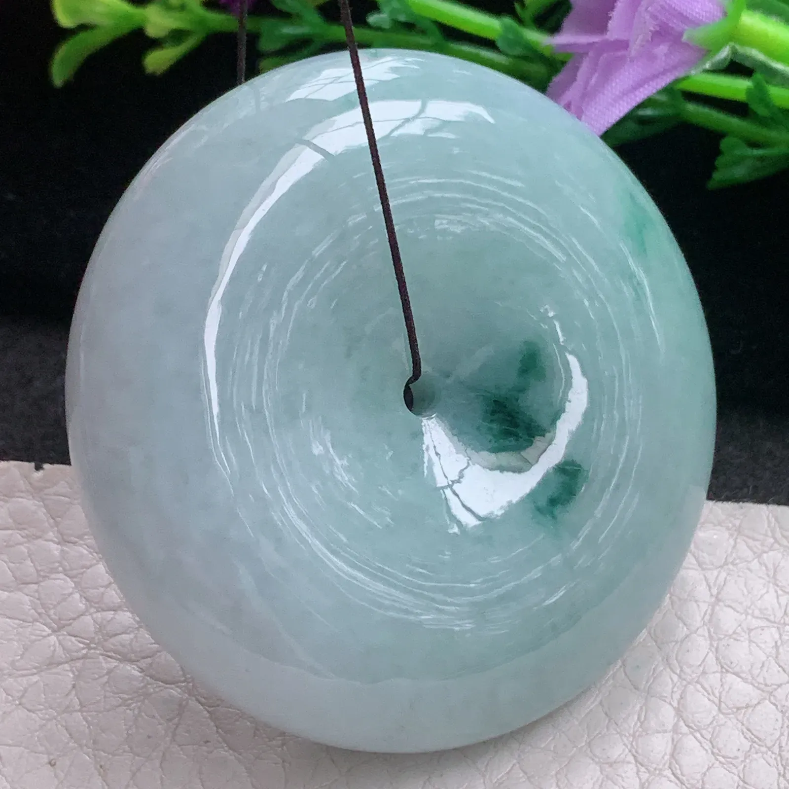 zen自然光51*13.6大平安扣 天然缅甸翡翠A货飘花饱满大扣玉吊坠