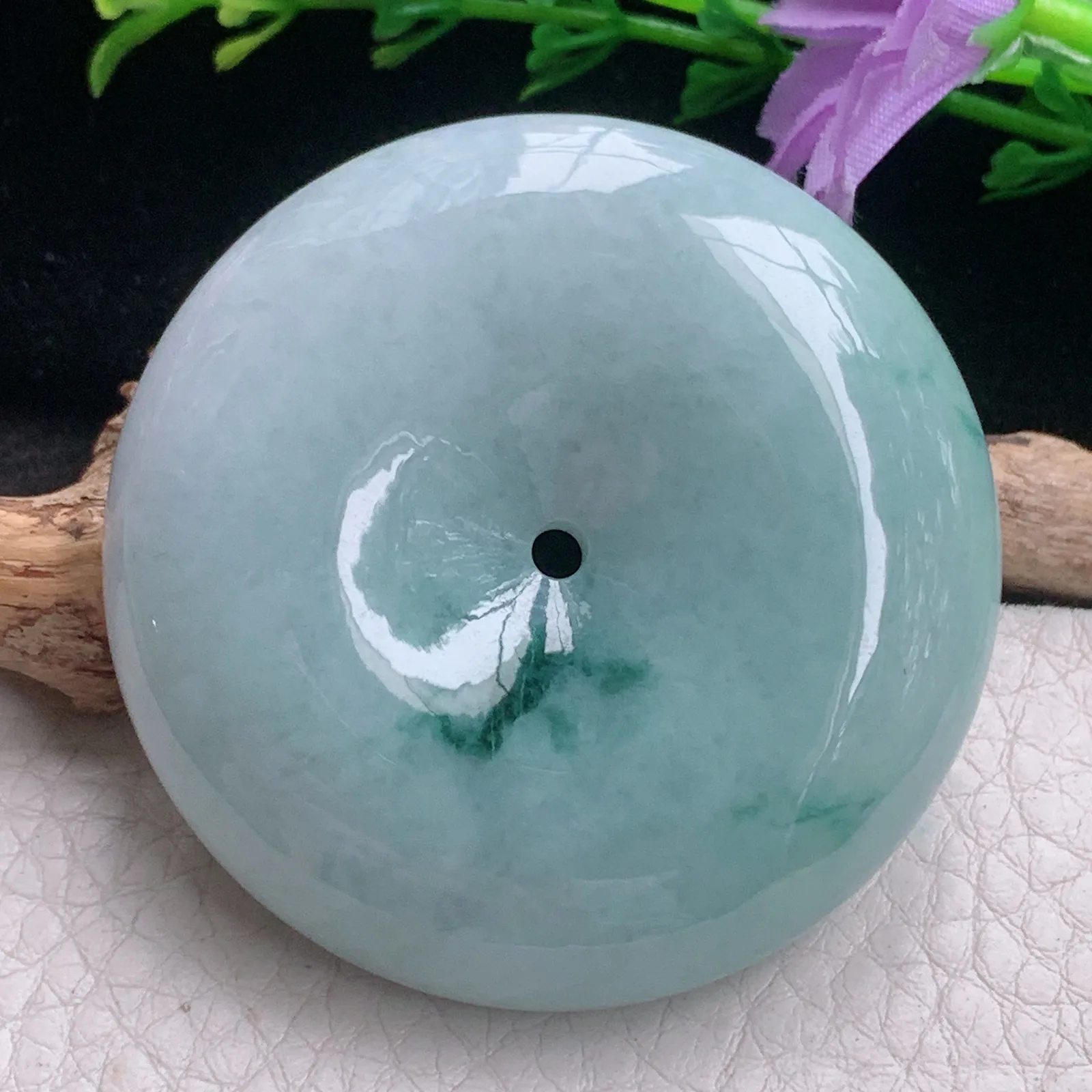 zen自然光51*13.6大平安扣 天然缅甸翡翠A货飘花饱满大扣玉吊坠