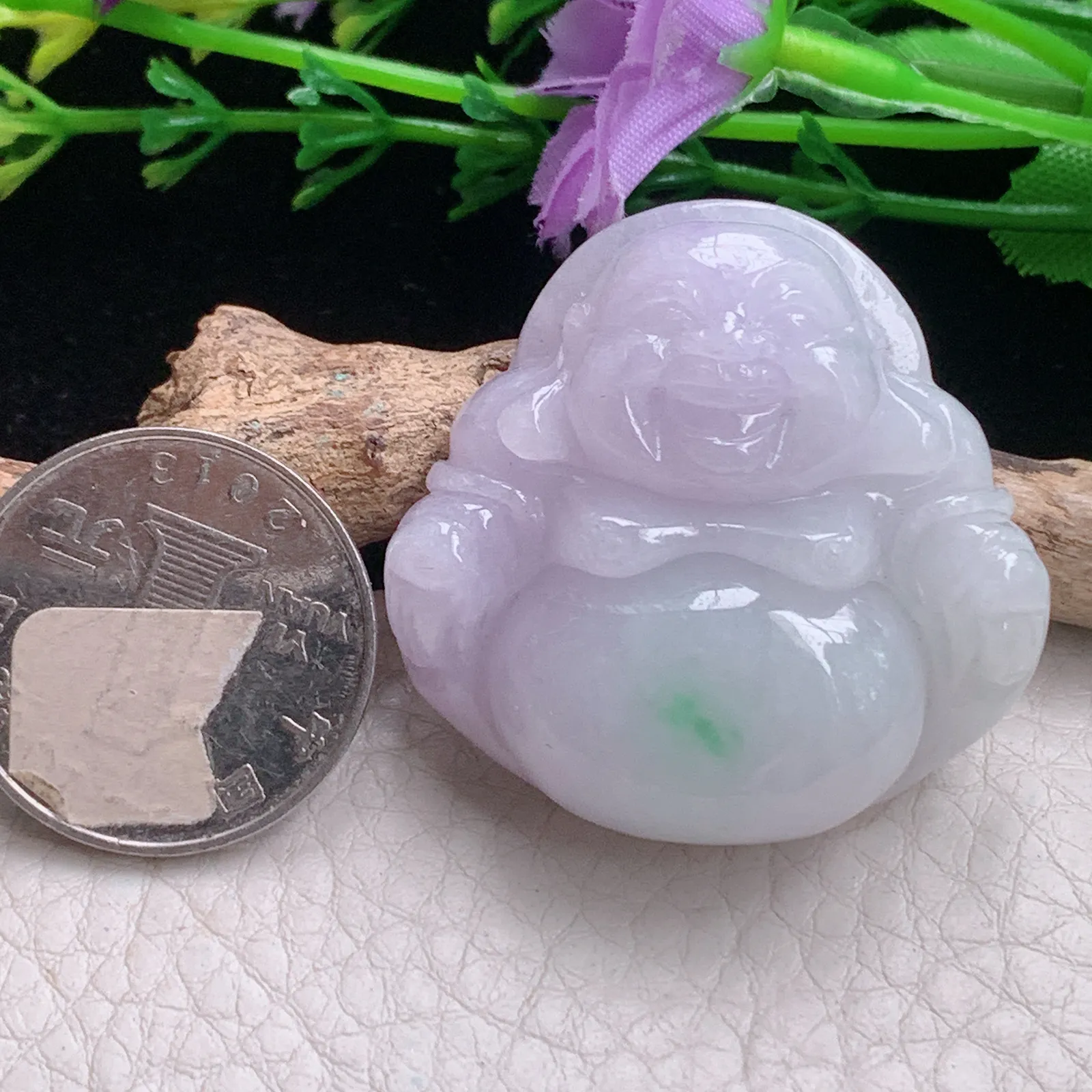 zen自然光37.5*38.7*12.3天然缅甸翡翠A货春带彩饱满佛公 开心佛玉吊坠