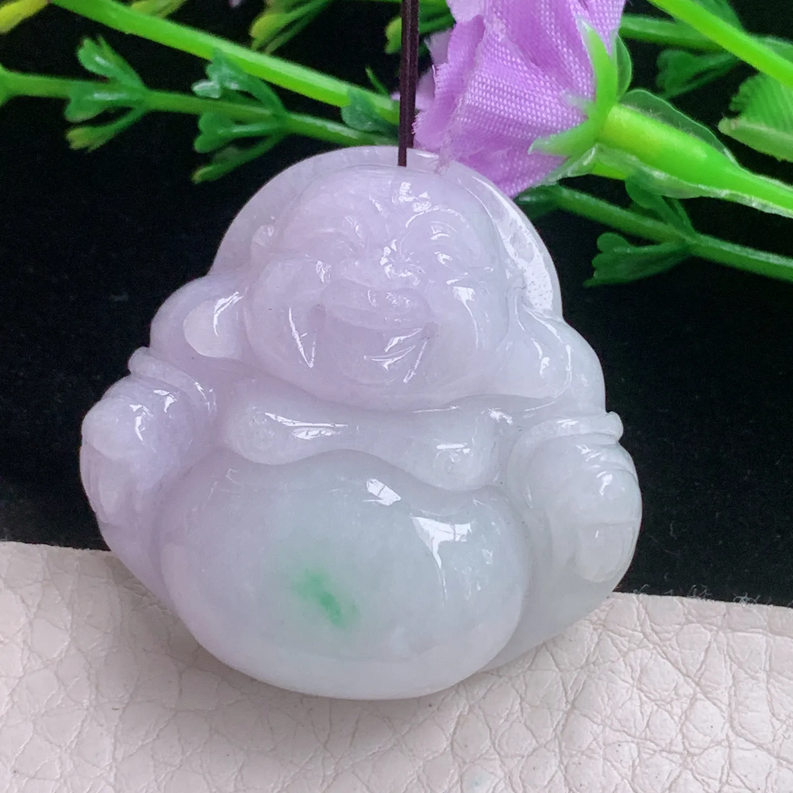 zen自然光37.5*38.7*12.3天然缅甸翡翠A货春带彩饱满佛公 开心佛玉吊坠