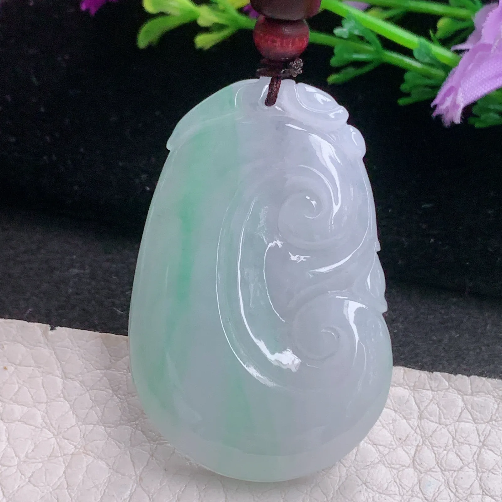 zen自然光47.2*31*6.2天然缅甸翡翠A货春带彩如意 玉如意玉吊坠