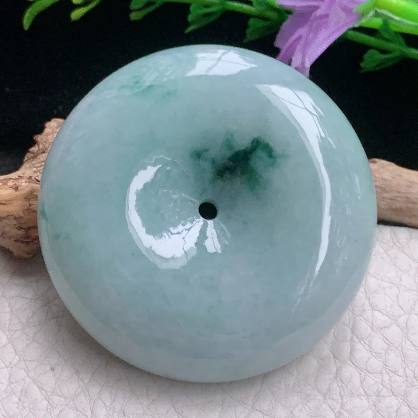 zen自然光51*13.6大平安扣 天然缅甸翡翠A货飘花饱满大扣玉吊坠