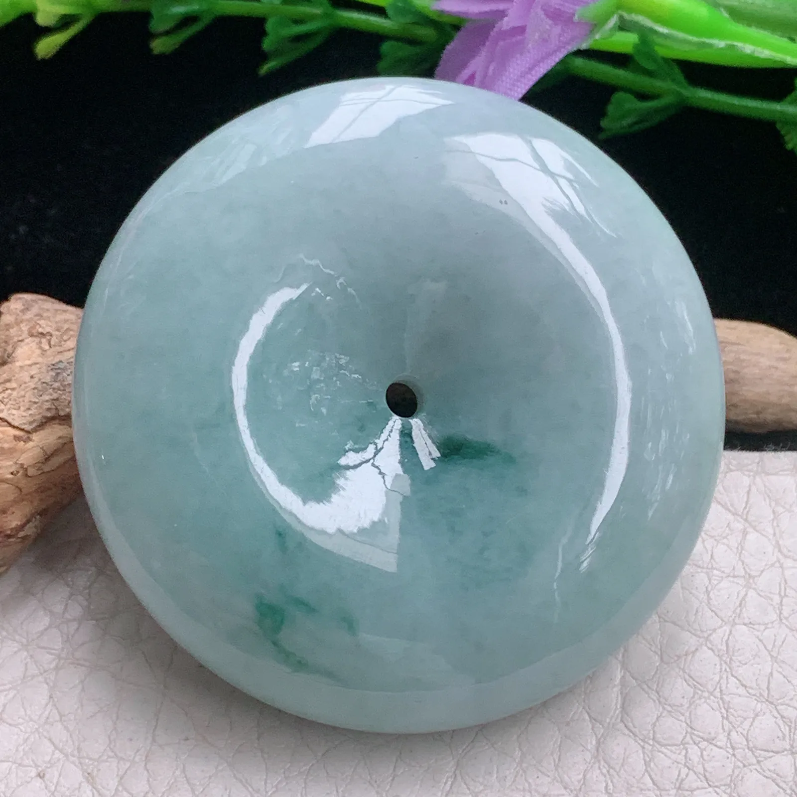 zen自然光51*13.6大平安扣 天然缅甸翡翠A货飘花饱满大扣玉吊坠