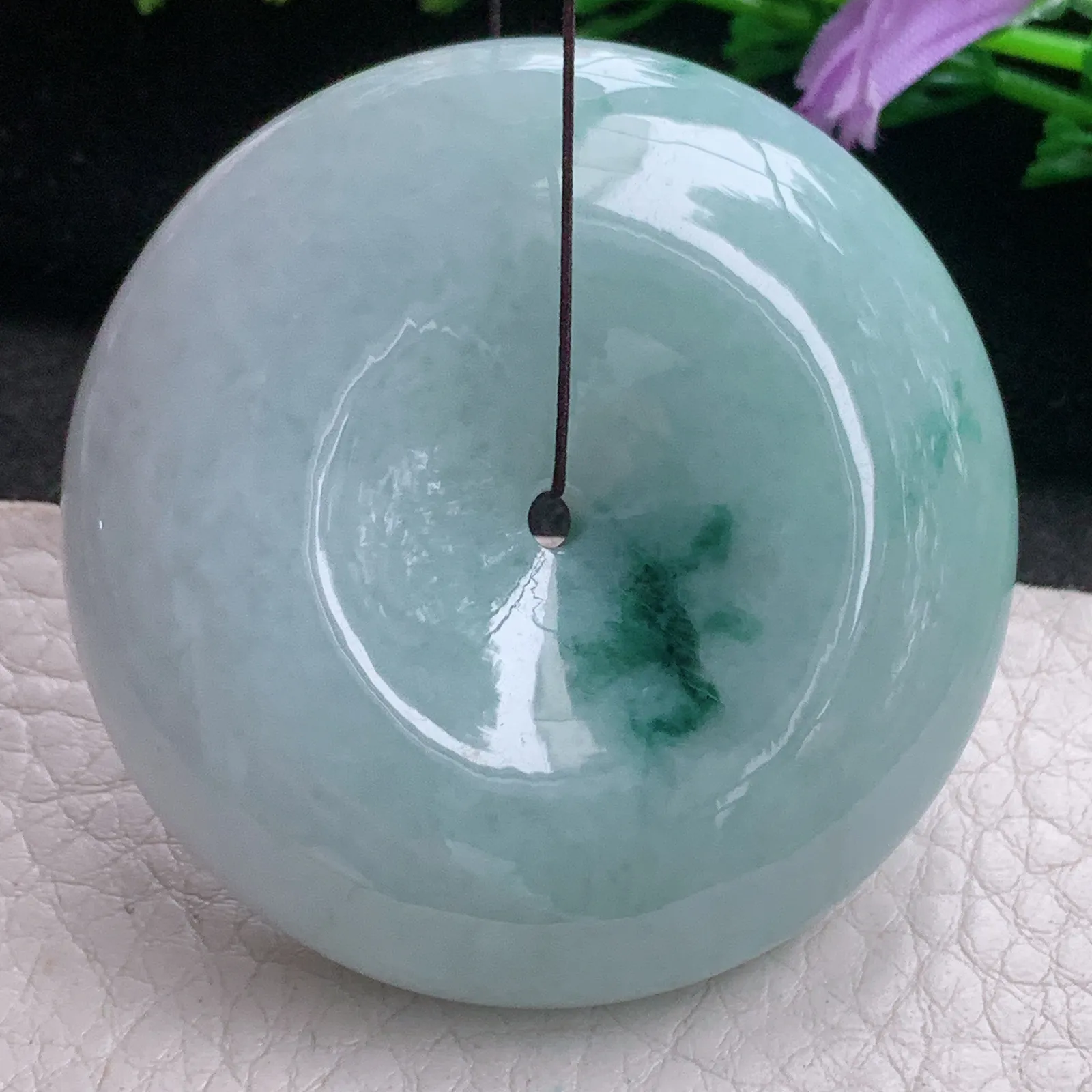 zen自然光51*13.6大平安扣 天然缅甸翡翠A货飘花饱满大扣玉吊坠