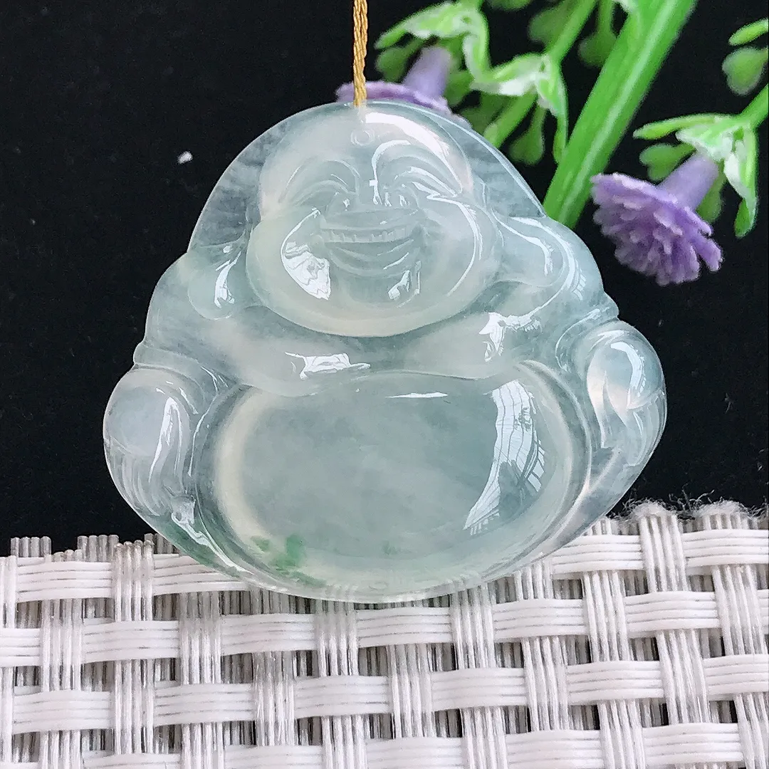 实拍A货翡翠30.8/34.6/6.2老坑冰透起胶飘花佛公吊坠翡翠挂件