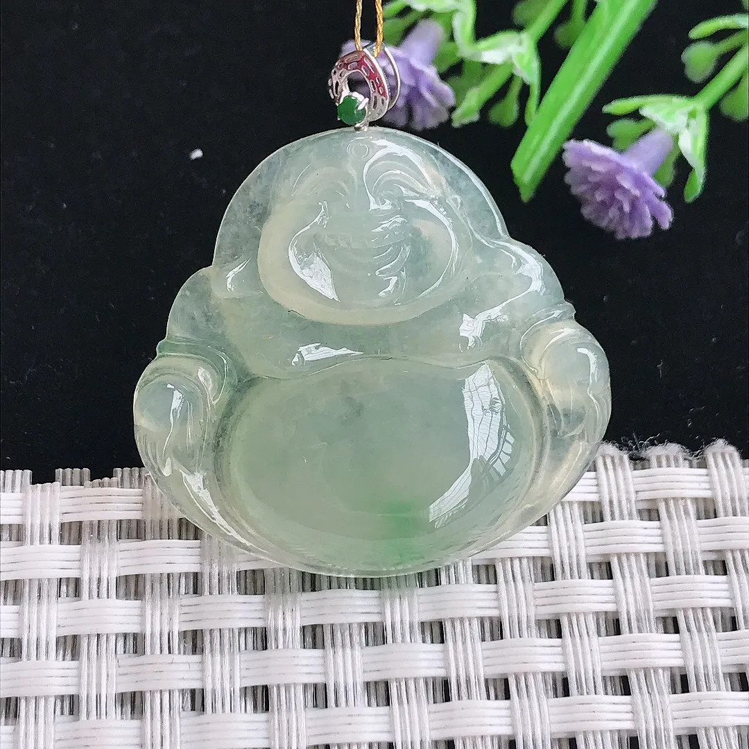 实拍A货翡翠31.5/33.6/6老坑18k金镶嵌冰胶冰晴佛公吊坠翡翠挂件