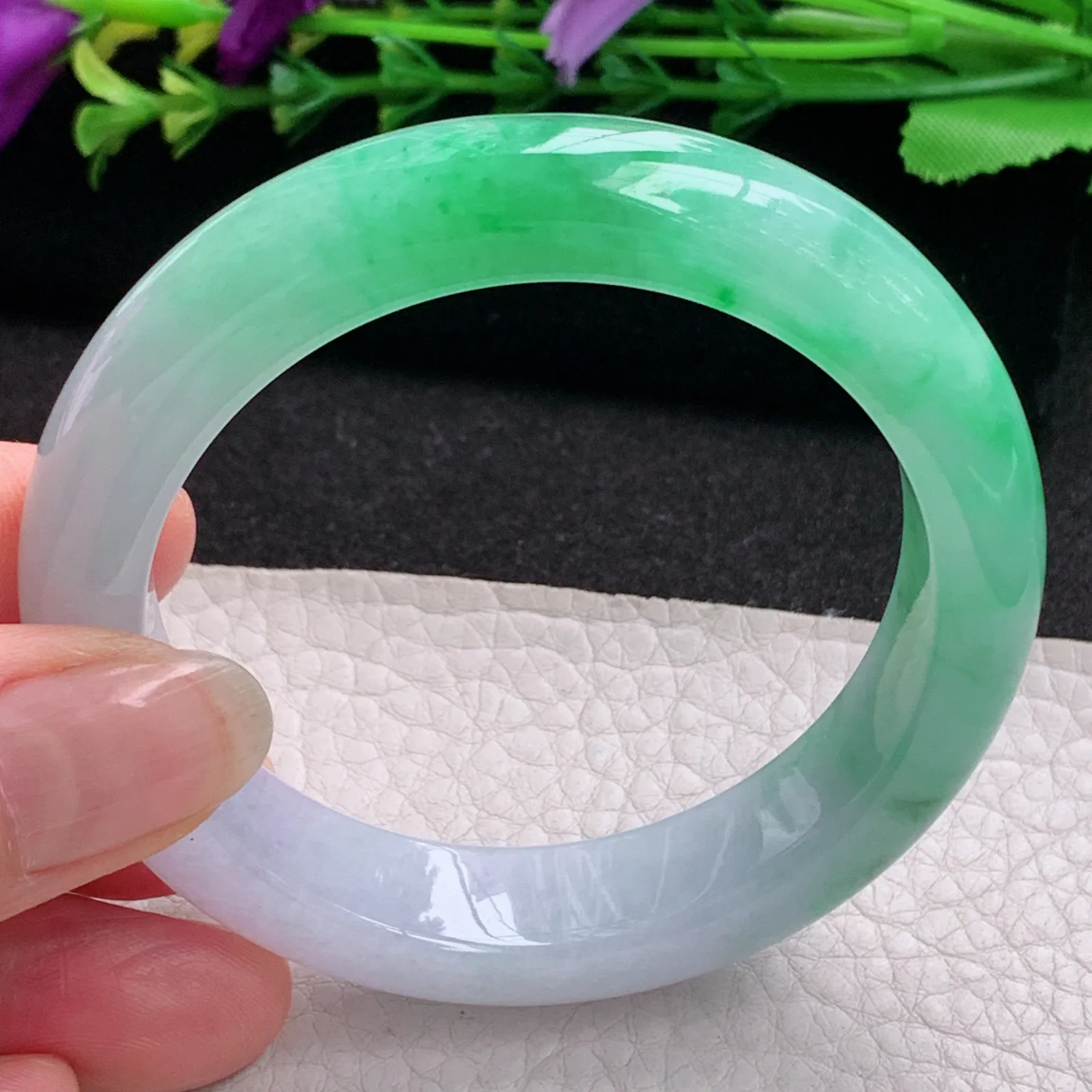 faa招财款53.5*13*8.5平安镯 天然缅甸翡翠A货水润半山水宽边玉手环