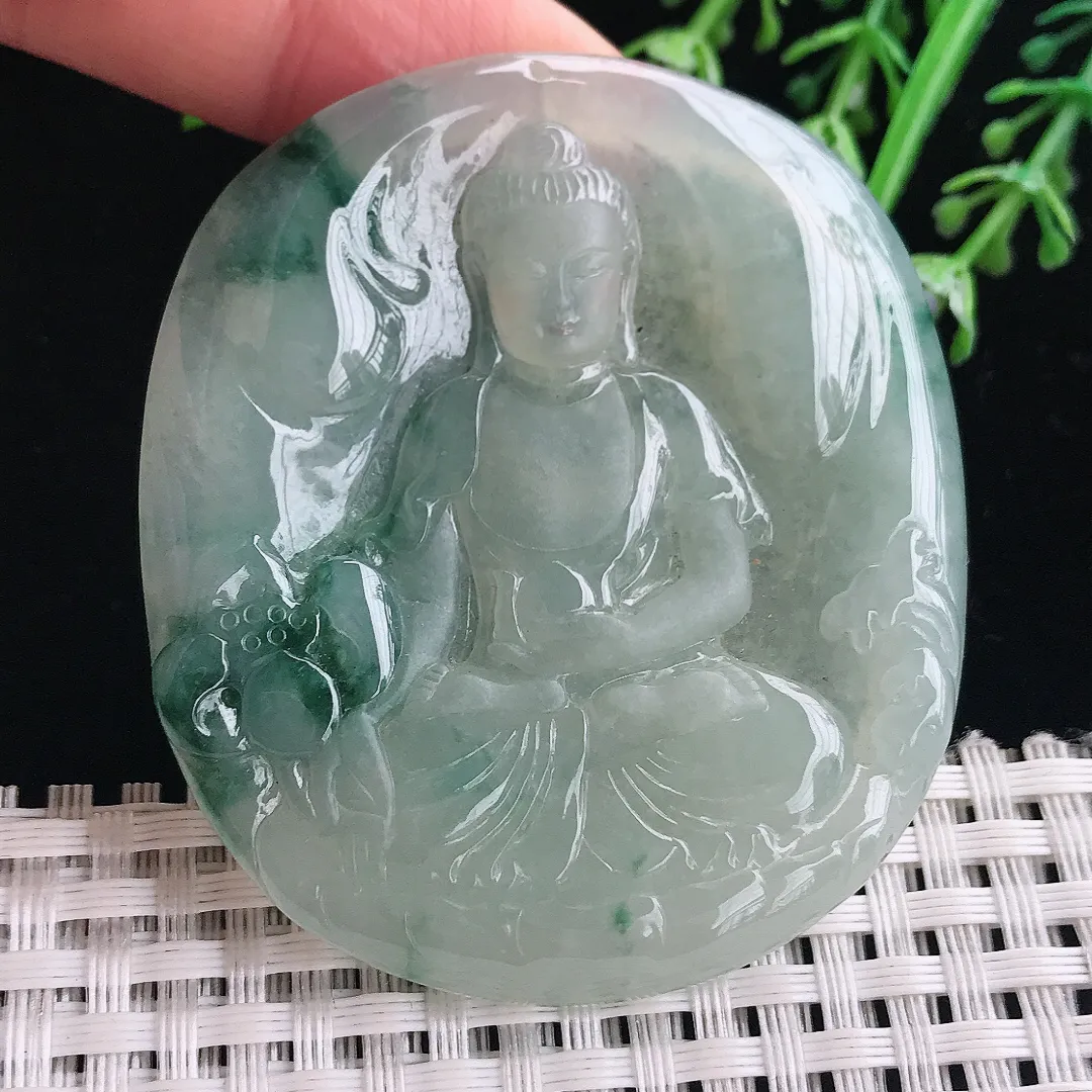 实拍A货翡翠58.7/52.5/5.8老坑冰胶水灵飘花阿弥陀佛吊坠翡翠挂件